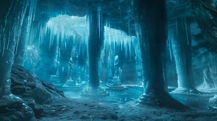 Naklejka premium Deep within a labyrinth of icy caves lies a secret chamber filled with towering columns of ice and statues crafted from frozen tears. . .
