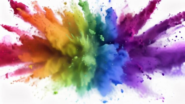 Dramatic explosion of vibrant multicolored powder particles flying in all directions. 