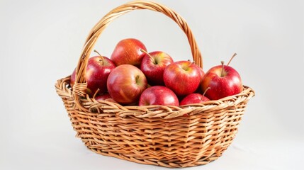 A wicker basket full of bright red apples on a white background generative ai