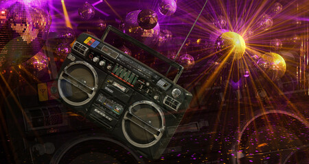 abstract disco background with mirror glowing balls and vintage cassette recorder