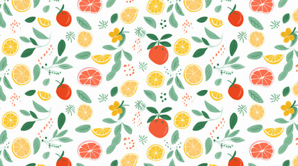 A seamless pattern of hand-drawn citrus fruits and leaves.