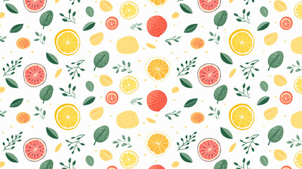 A seamless pattern of hand-drawn citrus fruits and leaves.