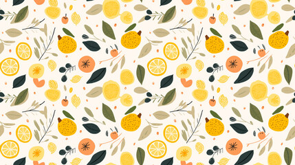 A seamless pattern of hand-drawn citrus fruits and leaves in a summery color palette.