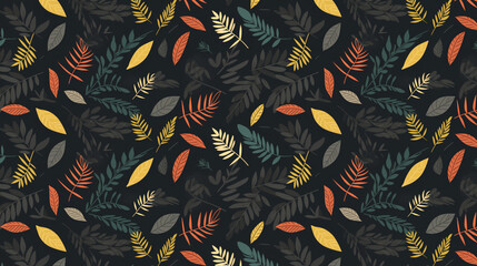 A seamless pattern of colorful leaves on a dark background.
