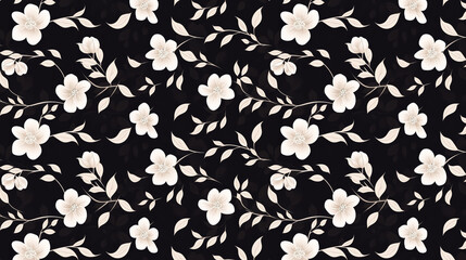 A seamless pattern of cream-colored flowers and leaves on a black background.