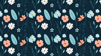A seamless pattern of cute cartoon flowers and leaves on a dark blue background.