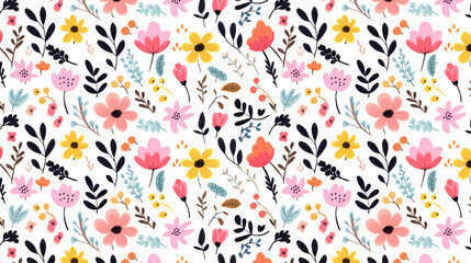 A seamless pattern of cute hand drawn flowers and leaves on a white background.