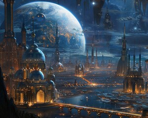 diverse societies tracing their origins to various star systems Show a rear view of a futuristic cityscape blending different architectural styles with unique symbols