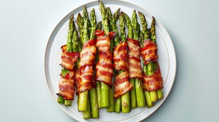 Bacon wrapped asparagus on a white plate generative ai