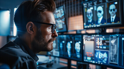 The man is wearing glasses and he is focused on the screens