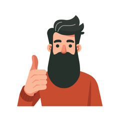 Bearded happy man shows thumb up cartoon character vector illustration template design