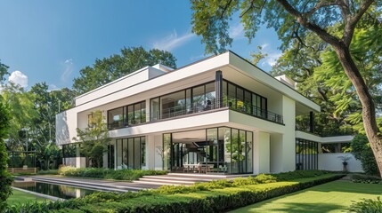 Fototapeta premium Modern 2-storey white minimalist style house. Property real estate business background.