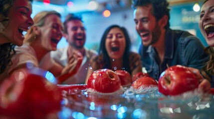 A game of apple bobbing happening in one corner of the room with guests laughing and cheering on their friends.