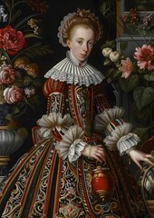 Abstract Oil painting features a beautiful woman lady elegant Dutch golden age wall art, moody vintage farmhouse style digital art print, wallpaper, background