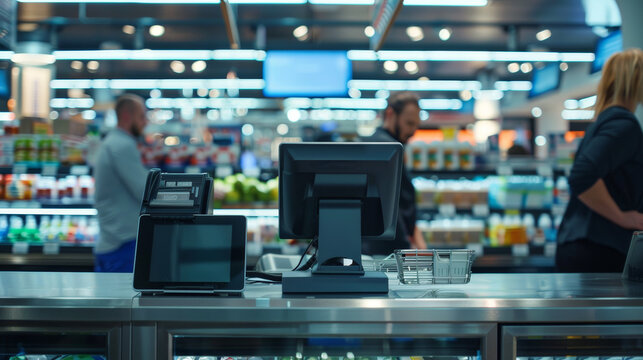 Cashier retail supermarket shopping store. A cash register sits on a payment counter