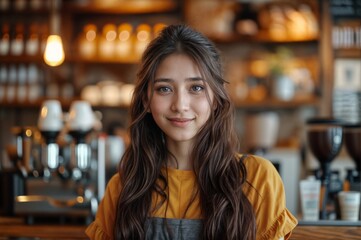 Portrait of a beautiful young woman in apron standing in cafe