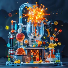Capture the wonder of science with a dynamic frontal view showcasing thrilling experiments in action! Vibrant colors, detailed equipment, and sparks of excitement must be present