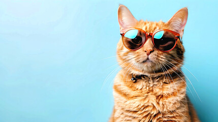 A fashionable orange tabby cat wearing sunglasses against a plain blue background.
