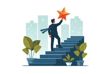 confident smart businessman climbs the ladder to the top to achieve valuable star award © Alya Hasna Fatimah