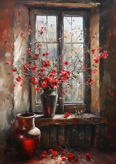 Abstract Oil painting impasto features room interior with red flower vase by the window wall art, moody vintage farmhouse  style digital art print, wallpaper, background