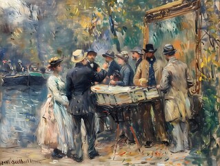 Abstract Oil painting impasto features a group of lady and gentlemen impressionist wall art, moody vintage farmhouse  style digital art print, wallpaper, background