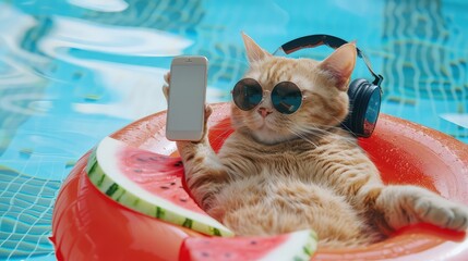 The beige cat in headphones and sunglasses with a smartphone is lying on an inflatable watermelon ring and listening to music in the swimming pool. Blue water background.