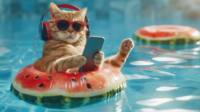 The beige cat in headphones and sunglasses with a smartphone is lying on an inflatable watermelon ring and listening to music in the swimming pool. Blue water background.