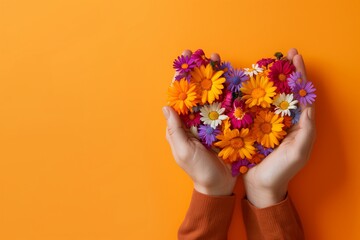 Fall flowers in hands, Daisies arranged and held in a heart shape on an orange background with copyspace