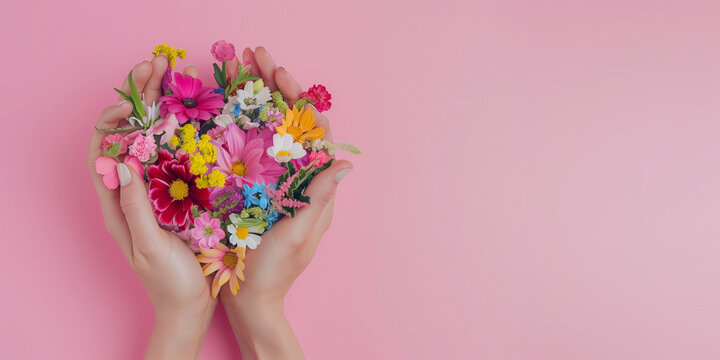 isolated womans hands holding spring flowers against a pink background with copyspace