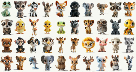 Set of cute 3D little cartoon animals