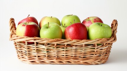 Green and red apples in a wicker basket on a white background. generative ai