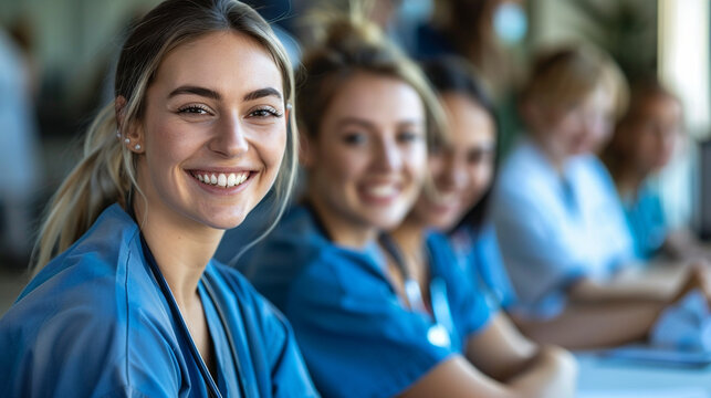 Smiling Female Doctor Portrait - Medical Seminar Backdrop