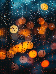 A close up of the raindrops on a window glass with city lights bokeh at the background.