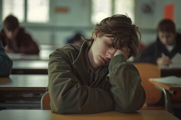 A young student dozing off at a desk, embodying the universal struggle of keeping awake during a seemingly endless school day.

