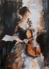 Abstract Oil painting features portrait of  a woman  lady with violin wall art, moody vintage farmhouse style digital art print, wallpaper, background