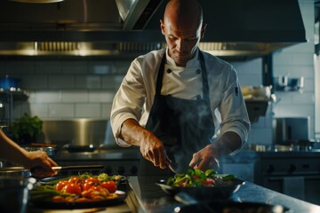 Professional chef meticulously garnishing a dish in a modern restaurant kitchen, showcasing culinary art and fine dining ambiance.

