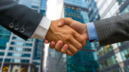 Close-Up Handshake on Business Deal, City Office Backdrop