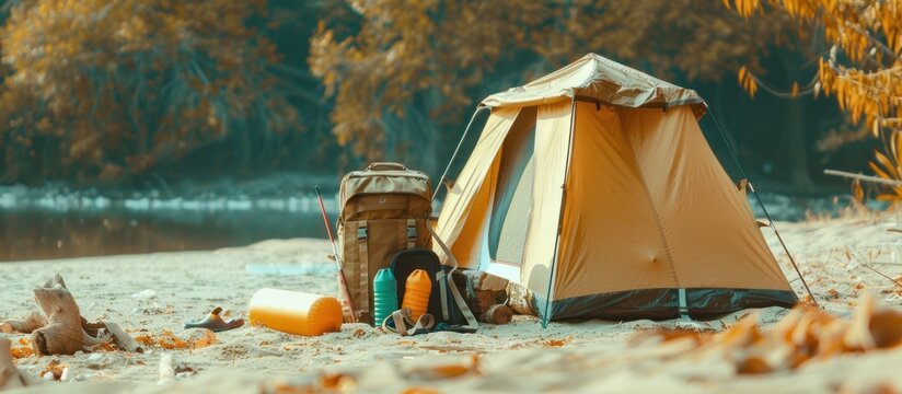 Camping equipment bag and tent with background on the beach