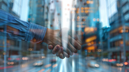 Close-Up Handshake on Business Deal, City Office Backdrop