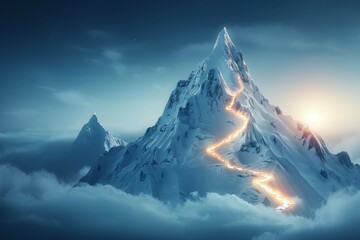 A mountain with a snow covered peak and a path leading to the top - Powered by Adobe