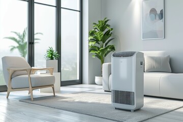 A white room with a white couch and a white chair. Portable air conditioner stands on the floor