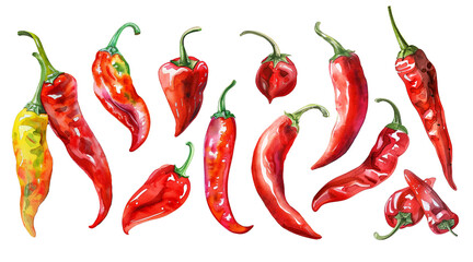 A set of watercolor illustrations of red chili peppers. Groups of chili peppers in various shades, realistic watercolor style isolated on a transparent background. PNG cut onto transparent back.