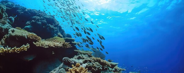 Background of life under the sea with various types of fish and beautiful coral reefs