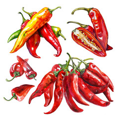 A set of watercolor illustrations of red chili peppers. Groups of chili peppers in various shades, realistic watercolor style isolated on a transparent background. PNG cut onto transparent back.