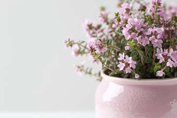 Naklejka premium A cute beautiful vase with small pink flowers inside it isolated against a white background under sunlight.