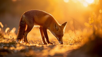 Curious Fox, A slender fox's silhouette with pointed ears, sniffing the ground