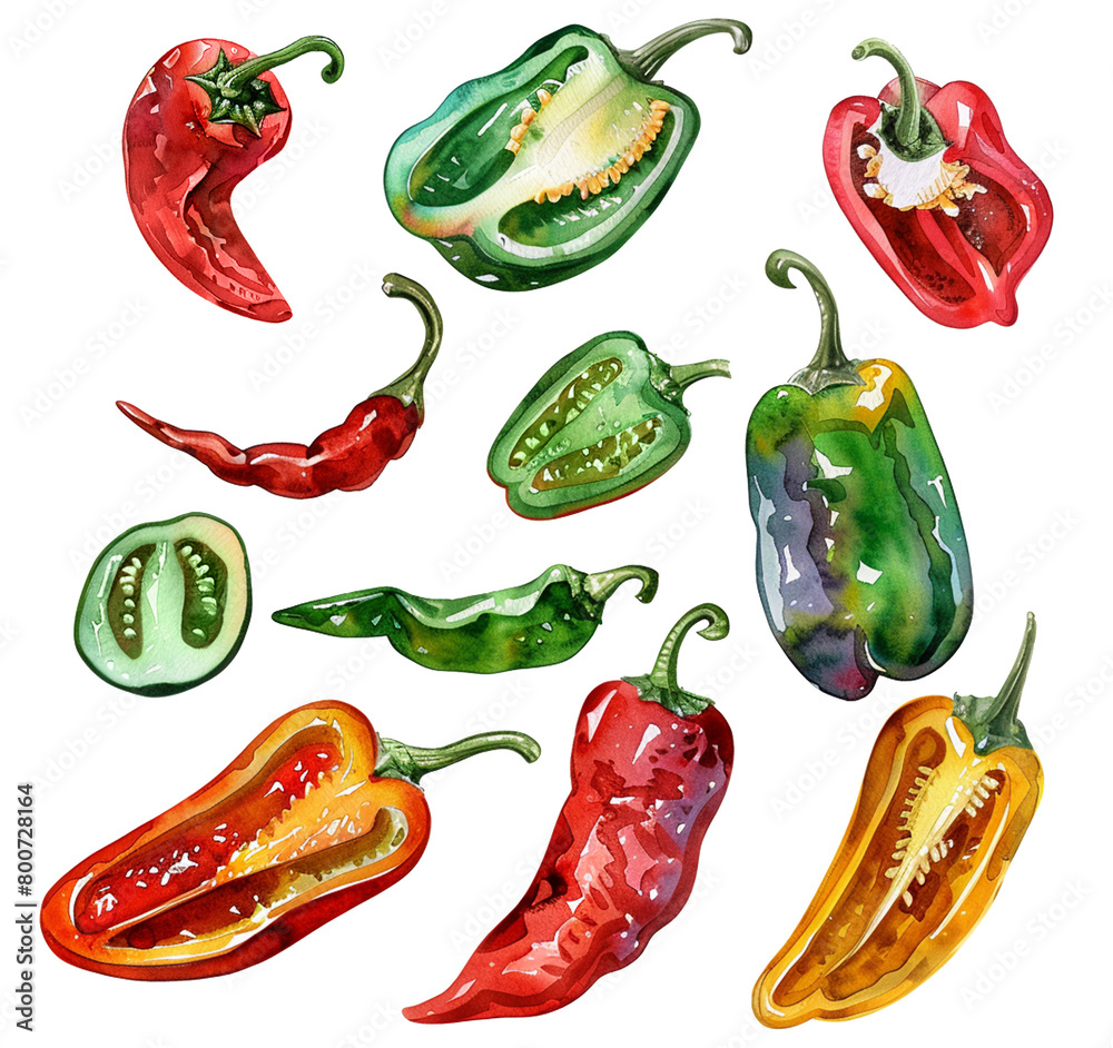 Wall mural A set of watercolor illustrations of colored chili peppers. Groups of chili peppers in various shades, realistic watercolor style isolated on a transparent background. PNG cut onto transparent back.