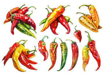 A set of watercolor illustrations of colored chili peppers. Groups of chili peppers in various shades, realistic watercolor style isolated on a transparent background. PNG cut onto transparent back.
