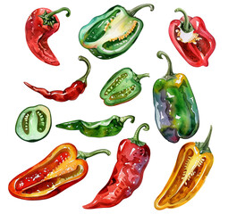 A set of watercolor illustrations of colored chili peppers. Groups of chili peppers in various shades, realistic watercolor style isolated on a transparent background. PNG cut onto transparent back.