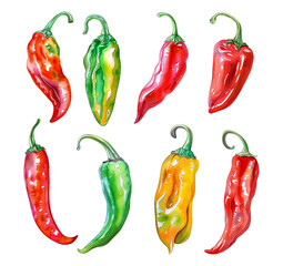 A set of watercolor illustrations of colored chili peppers. Groups of chili peppers in various shades, realistic watercolor style isolated on a transparent background. PNG cut onto transparent back.
